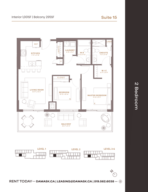 Floor plan for 2 beds, 2 baths, 1001 sqft